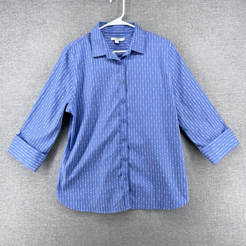 Chicos Button Up Shirt Women Size 2/US 12 Blue Striped 3/4 Sleeve Casual